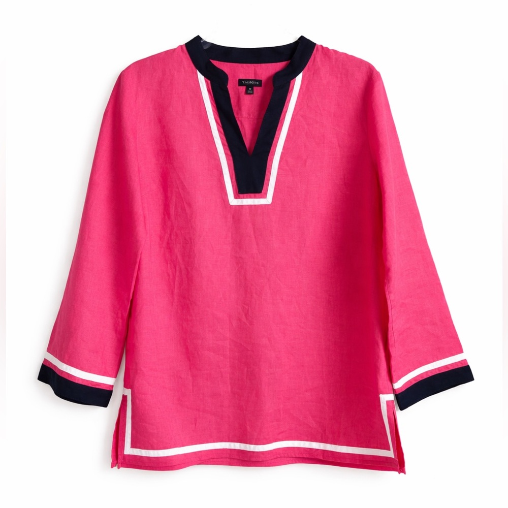 NEW Size M Talbots Pink Linen Tunic with White&Black Trim